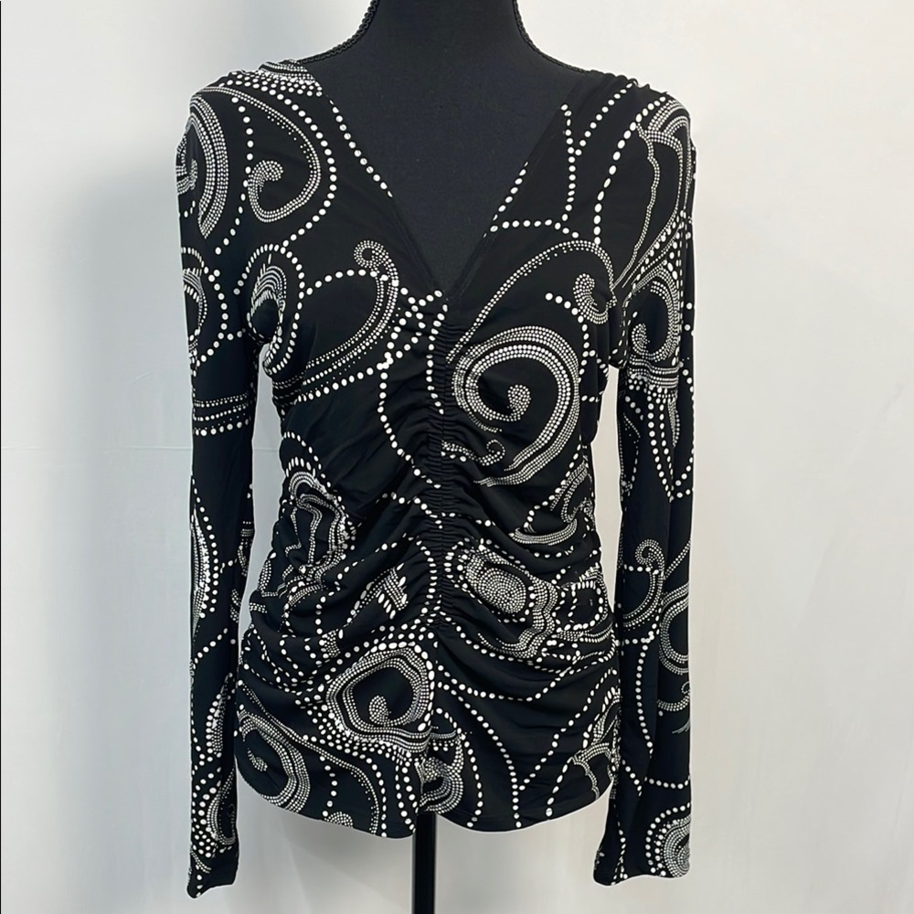 One West New York Black and White Paisley Long Sleeve Top, Liquid Knit, Size L